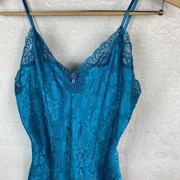 Womens VTG Adonna Y2K Floral Satin Nighty Slip Dress Blue Lace‎ Size L Short USA - Picture 3 of 9